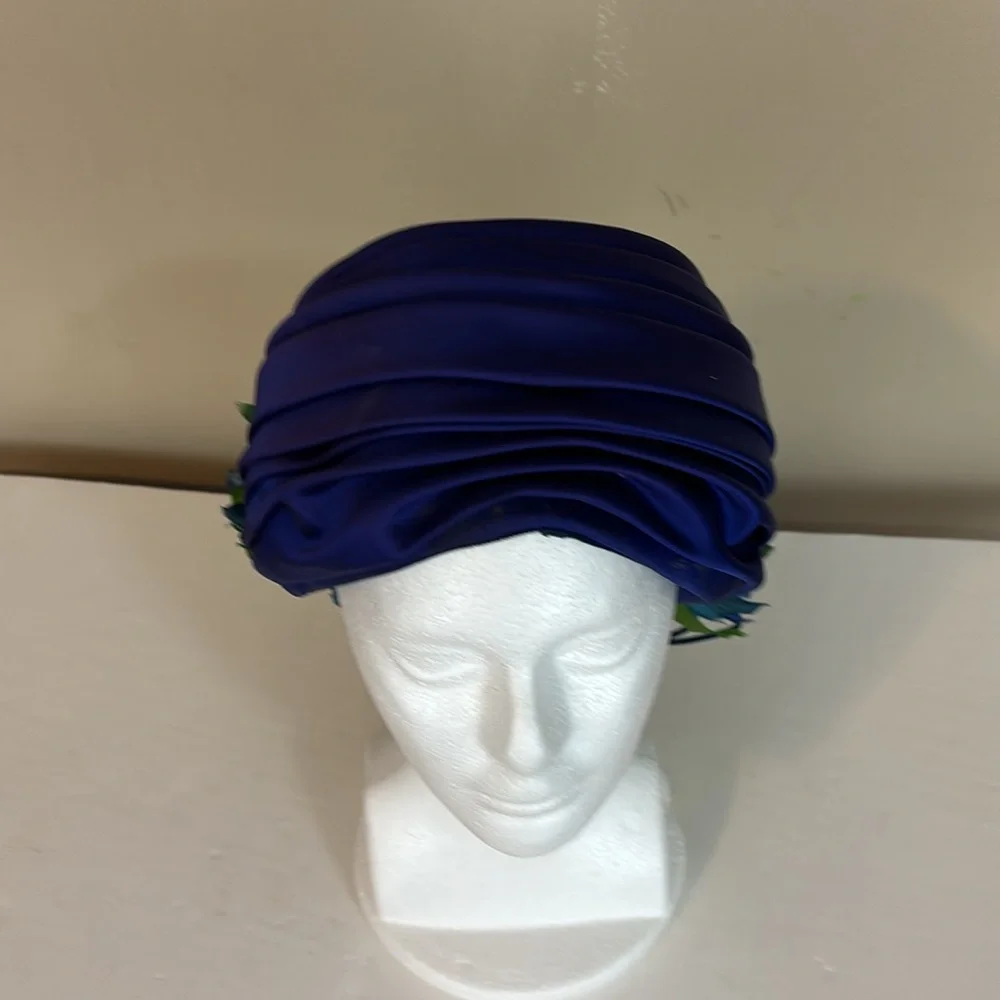 Vintage Royal Blue Satin Christine Original Hat with Leaves Accent